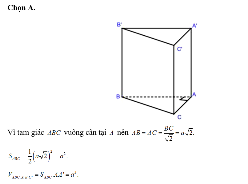 Khối lăng trụ đứng ABC.A'B'C' có cạnh bên bằng a đáy là tam giác vuông cân (ảnh 1)