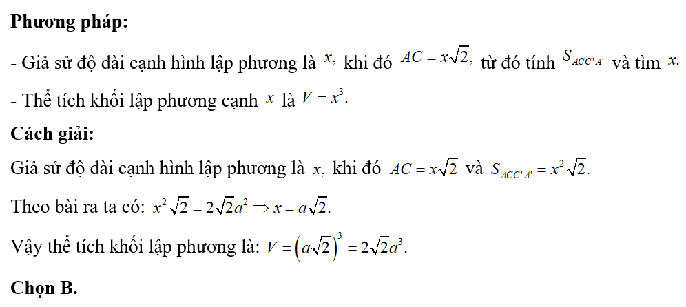 Cho hình lập phương ABCD.A'B'C'D' có diện tích mặt chéo ACC'A' bằng (ảnh 1)