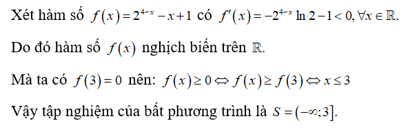 Tập nghiệm S của bất phương trình 2^ 4 - x - x +1 lớn hơn hoặc bằng 0  (ảnh 1)