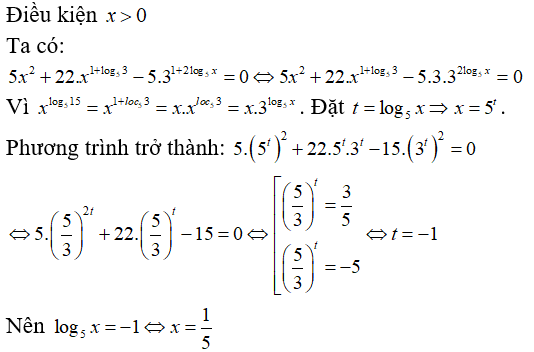 Phương trình 5x^2 + 22x ^log 5 15 - 5. 3^ ^ log 5x^2  có tất cả bao nhiêu nghiệm? (ảnh 1)