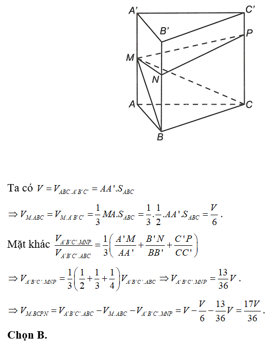Cho hình lăng trụ đứng ABC.A’B’C’ có thể tích bằng V. Gọi M, N, P lần lượt là các điểm nằm trên các cạnh AA’ (ảnh 1)