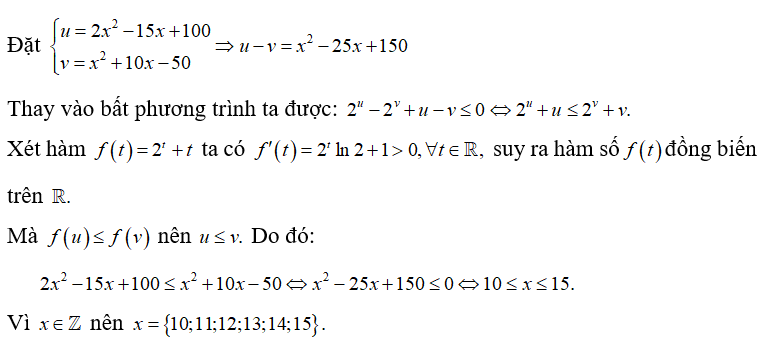 Cho phương trình 2^2x^2 -15x + 10 - 2^ x^2 + 10x - 50 + x^2 - 25x + 150 nhỏ hơn hoặc bằng 0.  Số nghiệm nguyên của bất phương trình là (ảnh 1)