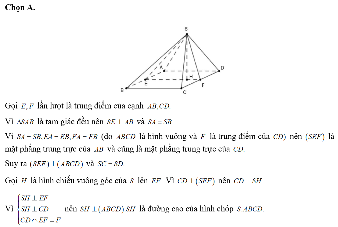 Cho khối chóp S.ABCD có đáy là hình vuông cạnh bằng 2. Tam giác SAB là tam giác đều (ảnh 2)