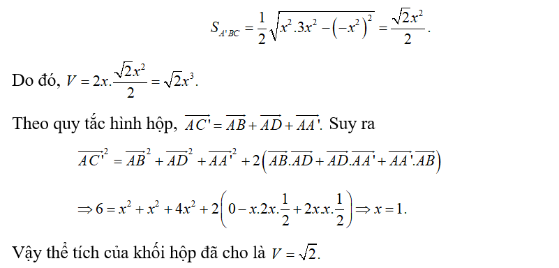 Cho khối hộp ABCD.A'B'C'D' có  AA'=2AB=2AD, góc BAD= 90 độ,BAA'= 60 độ, góc DAA'=120 độ (ảnh 3)