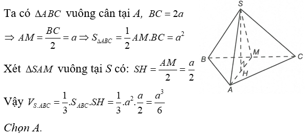 Cho hình chóp SABC  có đáy là tam giác vuông cân tại A, cạnh BC = 2a , gọi M là trung điểm BC, hình chiếu (ảnh 1)