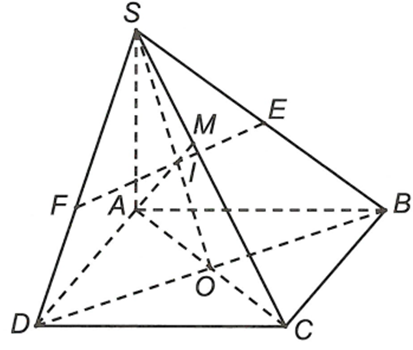 Cho hình chóp S.ABC có đáy là hình vuông cạnh a, SA = a căn bậc hai 2 và vuông góc với mặt phẳng (ABCD). Gọi M là trung điểm cạnh SC. (ảnh 1)