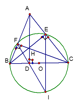 Cho tam giác nhọn ABC, các đường cao  AD, BE, CF cắt nhau tại H.  a) Chứng minh 4 điểm B, E, C, F thuộc một đường tròn. Xác định tâm O của đường tròn này. (ảnh 1)