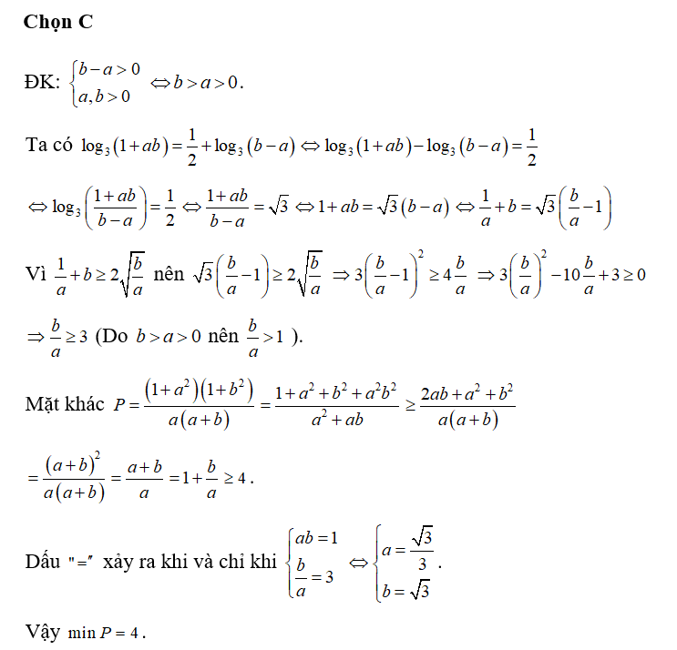 Xét các số thực dương a và b thỏa mãn log 3 (1+ ab)= 1/2 + log 3 ( b-a). Giá trị (ảnh 1)