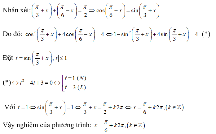 Giải phương trình: cos^2 (pi/3 + x) + 4cos( pi/6 - x) = 4 (ảnh 1)