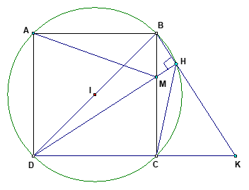 Cho hình vuông ABCD, lấy một điểm M bất kỳ trên cạnh BC (M khác B và C). Qua B kẻ đường thẳng vuông góc với đường thẳng DM tại H, kéo dài BH cắt đường thẳng DC tại K. (ảnh 1)