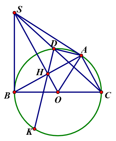 Cho đường tròn (O; R) có đường kinh BC. Trên (O) lấy điểm A sao cho AB > AC. Vẽ các tiếp tuyến tại A và B của (O) cắt nhau tại S.  a) Chứng minh:  tứ giác SAOB nội tiếp. (ảnh 1)