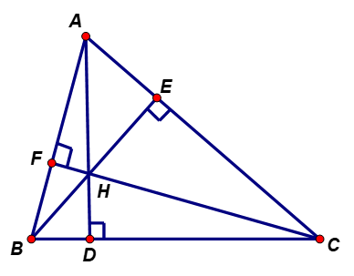 Cho tam giác ABC có các góc đều nhọn và có ba đường cao là AD, BE, CF cắt nhau tại H. a) Chứng minh các tứ giác BCEF, AEHF là các tứ giác nội tiếp (ảnh 1)