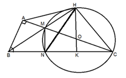 Cho tam giác ABC vuông tại A (AB < AC). Tia phân giác của góc ABC cắt AC tại M. Đường tròn tâm O đường kính MC cắt tia BM tại H, cắt BC tại N. (ảnh 1)