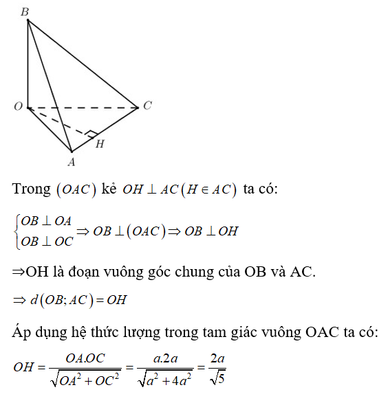 Cho tứ diện OABC có OA,OB,OC đôi một vuông góc với nhau và OB = a/2, OA = 2OB, OC = 2OA . Khoảng cách giữa hai đường thẳng OB và AC bằng:  (ảnh 1)