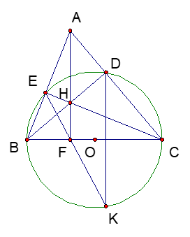 Cho tam giác ABC , đường tròn (O) đường kính BC cắt AB,AC tại E và D , CE  cắt BD tại H. a) Chứng minh AH vuông góc với BC tại F. (ảnh 1)