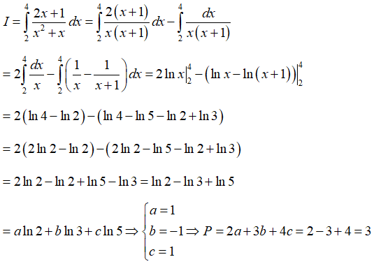 Biết I = Tích phân từ 2 đến 4 của 2x +1/ x^2 +x dx = aln2 + bln3 + cln5  với a, b, c là các số nguyên (ảnh 1)