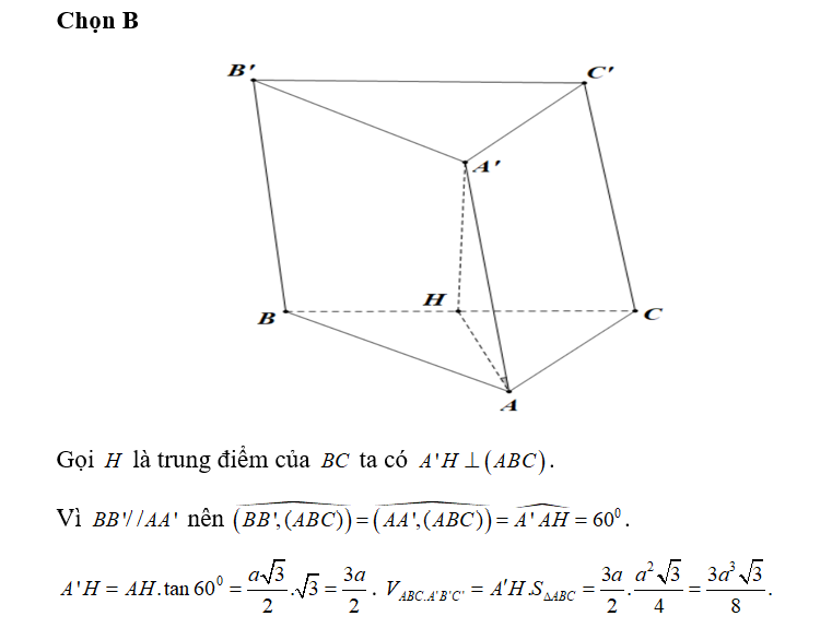Cho hình lăng trụ ABC.A'B'C' có hai đáy là tam giác đều cạnh a. Hình chiếu vuông (ảnh 1)