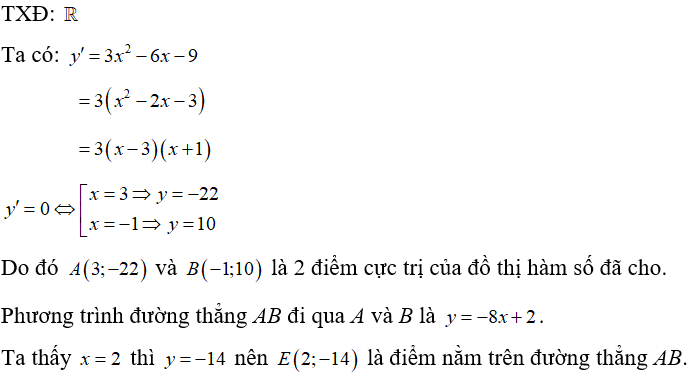 Đồ thị hàm số y =x^3 - 3x^2 -9x +5  có hai điểm cực trị A, B. Điểm nào dưới đây thuộc đường thẳng AB? (ảnh 1)