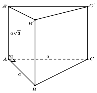 Cho hình lăng trụ đứng ABCA'B'C' có đáy ABC là tam giác vuông cân tại A,  AB= a và  A'A= acăn 3 Thể tích khối lăng trụ ABCA'B'C' bằng (ảnh 1)