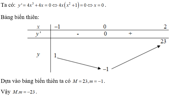 Gọi giá trị lớn nhất của hàm số y =x^4 + 2x^2 -1  trên đoạn [-1;2]  lần lượt là M và m. Khi đó, giá trị của M.m  là: (ảnh 1)
