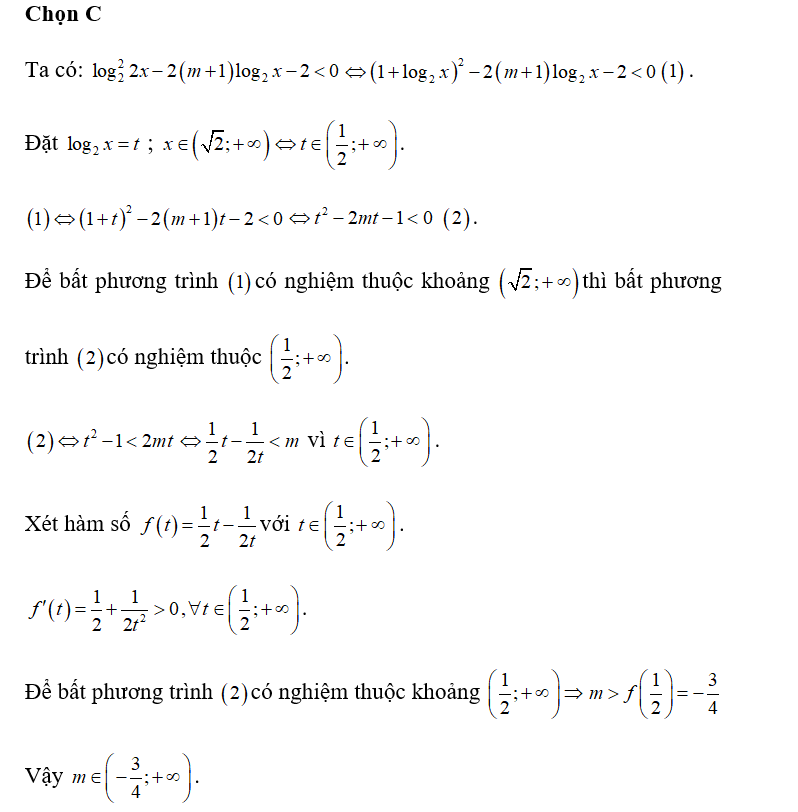 Xét bất phương trình log 2 2x- 2(m+1)log 2 x-2 < 0. Tìm tất cả các giá trị của (ảnh 1)