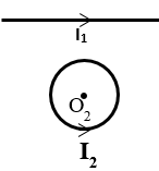 Hai dòng điện đồng phẳng: dòng thứ nhất thẳng dài có cường độ 2A và chiều từ trái sang phải, dòng thứ 2 hình tròn, tâm O2  cách dòng điện thứ nhất 40cm, bán kính 20cm có cường độ 2A và chạy ngược chiều kim đồng hồ. Cảm ứng từ tổng hợp tại tâm   có giá trị là (ảnh 1)