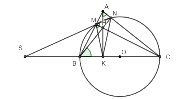 Cho tam giác ABC nhọn (AB < AC). Đường tròn tâm O, đường kính BC lần lượt cắt AB (ảnh 1)