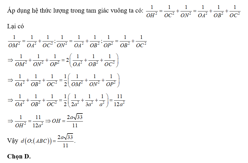 Cho tứ diện OABC có ba cạnh OA,OB,OC đôi một vuông góc với nhau. Biết khoảng (ảnh 2)