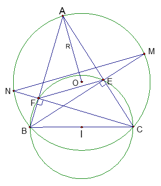 Cho tam giác nhọn ABC nội tiếp đường tròn (O;R). Đường cao BE và CF của tam giác ABC lần lượt cắt đường tròn tại M và N. Chứng minh rằng :  a) Tứ giác BCEF nội tiếp đường tròn (ảnh 1)