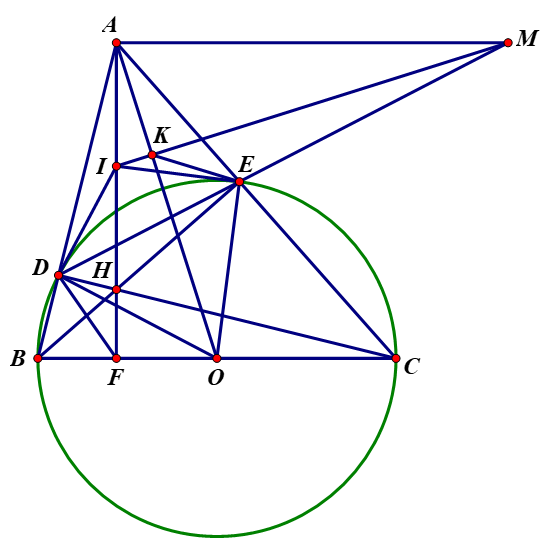 Cho ABC (AB < AC) có ba góc nhọn, đường tròn tâm O đường kính BC cắt AB, AC lần lượt tại D, E. Gọi H là giao điểm của BE và CD, tia AH cắt cạnh BC ở F. (ảnh 1)