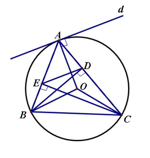 Cho tam giác ABC có 3 góc nhọn nội tiếp ( O; R) hai đường cao BD và CE   a) Chứng minh: tứ giác BEDC nội tiếp (ảnh 1)