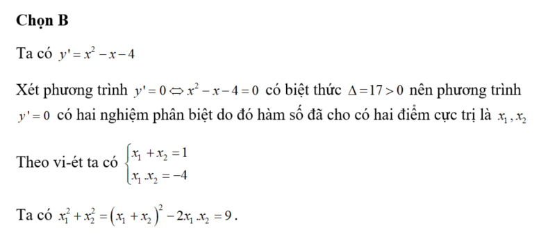 Gọi x1,x2 là hai điểm cực trị của hàm số y=1/3x^3-1/2x^2-4x-10. Tính x1^2+ x2^2 (ảnh 1)