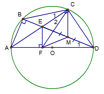 Cho tứ giác ABCD nội tiếp nửa đường tròn đường kính AD. Hai đường chéo AC và BD cắt nhau tại E. Kẻ EF vuông góc với AD. Gọi M là trung điểm của DE. Chứng minh rằng:  a) Tia CA là tia phân giác của góc BCF (ảnh 1)