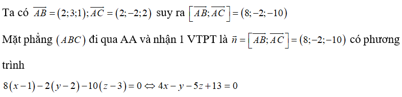 Trong không gian Oxyz,Oxyz, cho ba điểm A(1;2;3),B(3;5;4)  và C(3;0;5) . Phương trình nào dưới đây là phương trình mặt phẳng (ABC)?  (ảnh 1)