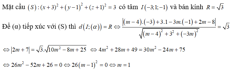 Trong không gian với hệ tọa độ Oxyz, cho mặt cầu (S): (x+3)^2 +(y-1)^2 +(z+1)^2 = 3  và mặt phẳng (ảnh 1)