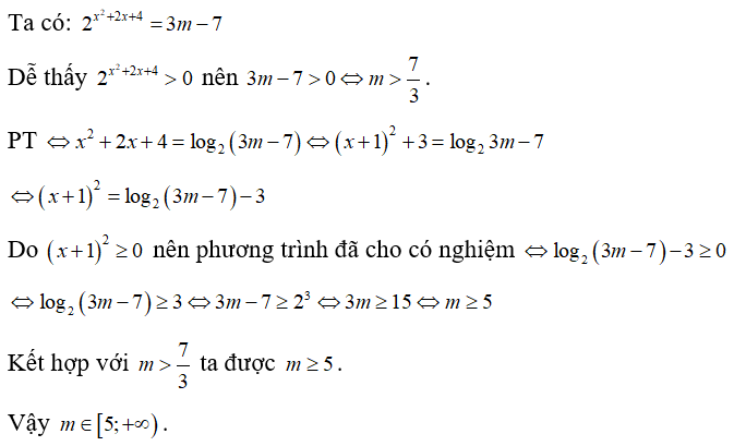 Phương trình 2^ x^2 +2x +4 = 3m -7  có nghiệm khi (ảnh 1)