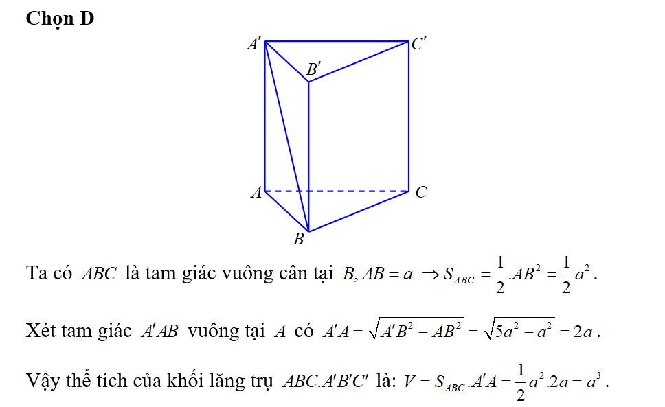 Cho lăng trụ đứng ABC.A'B'C' có A'B=a căn bậc 2 của 5; đáy ABC là tam giác vuông cân tại (ảnh 1)