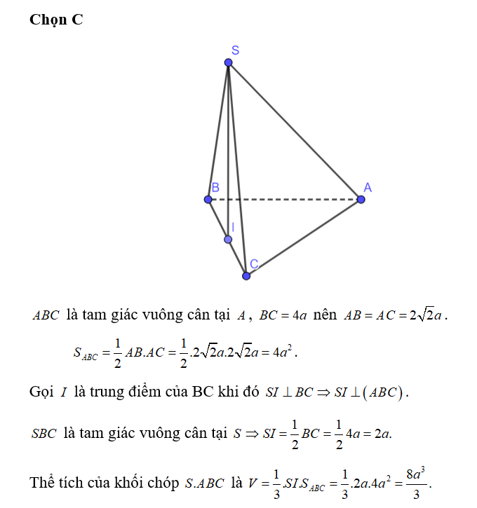 Cho tứ diện hình chóp S.ABCD có đáy ABC là tam giác vuông cân tại A, BC=4a. (ảnh 1)