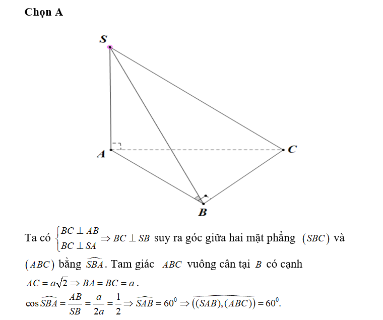 Cho hình chóp S.ABC có đáy ABC là tam giác vuông cân tại B và (ảnh 1)