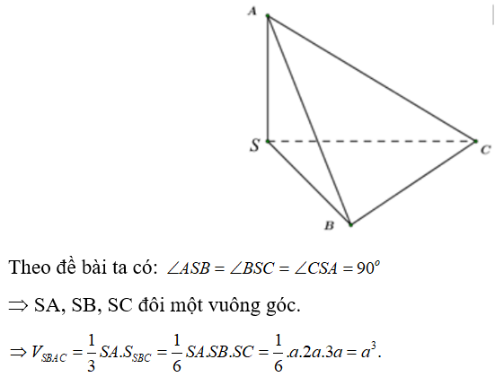 Nếu khối chóp S.ABC có SA =a, SB = 2a, SC = 3a và ASB= BSC= CSA= 90 độ thì có thể tích được tính theo công thức (ảnh 1)
