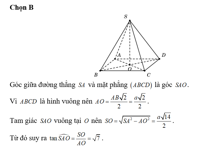 Cho hình chóp tứ giác đều S.ABCD có cạnh AB=a và SA= 2a. Tính tan của góc (ảnh 1)