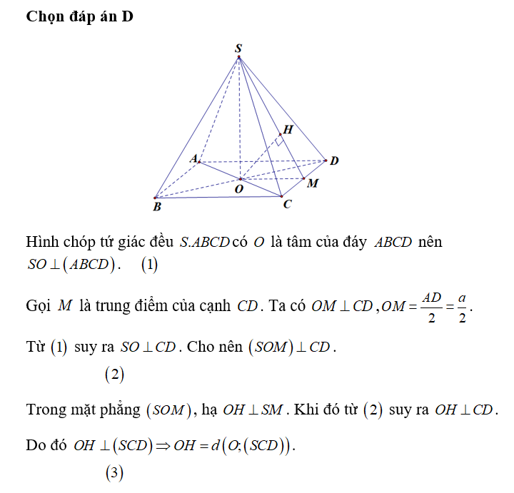 Cho hình chóp tứ giác đều S.ABCD có cạnh đáy bằng a và chiều cao bằng (ảnh 2)