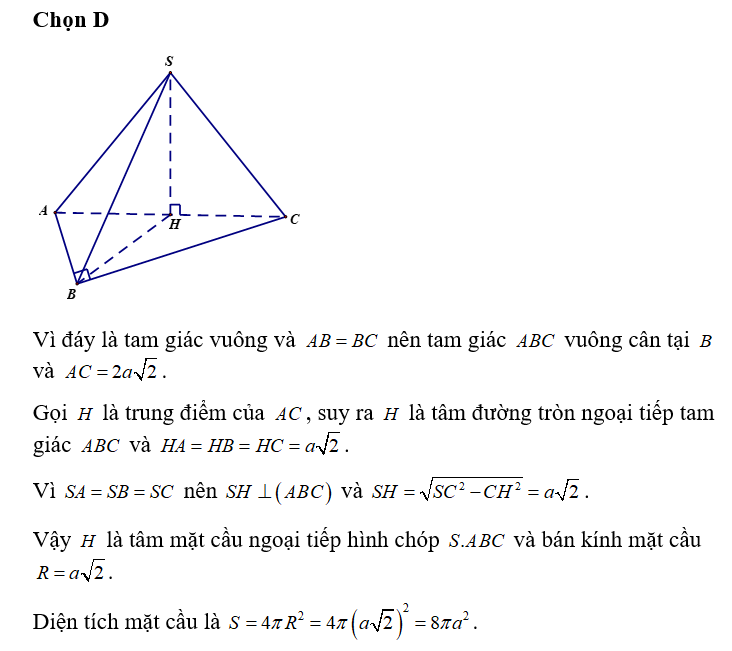 Cho hình chóp S.ABC có đáy là tam giác vuông, SA= SB= SC=AB=BC=2a. (ảnh 1)