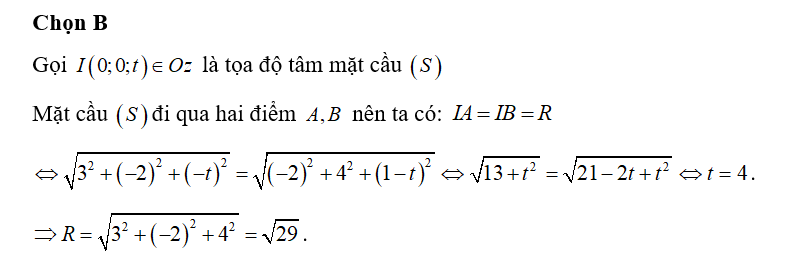 Trong không gian Oxyz, phương trình của mặt cầu (S) đi qua hai điểm (ảnh 1)