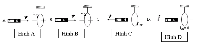 Hình vẽ nào sau đây xác định đúng chiều dòng điện cảm ứng khi cho nam châm dịch chuyển lại gần hay ra xa vòng dây kín? 	A. C 	B. D 	C. A 	D. B (ảnh 1)