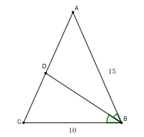 Cho tam giác ABC cân tại A, đường phân giác trong của góc B cắt AC tại D và cho biết AB = 15cm, BC = 10cm. Khi đó AD = ? (ảnh 1)
