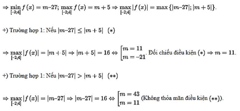 Gọi S là tập hợp các giá trị của tham số m sao cho giá trị lớn nhất của hàm số y = |x^3 – 3x^2 – 9x + m| trên đoạn [– 2; 4] bằng 16. Số phần tử của S là:  A. 0;  B. 2; C. 4;  D. 1.  (ảnh 2)