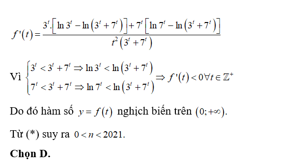 Tìm tất cả các giá trị dương của n thỏa mãn (3^n+7^n)^2021> (3^2021+7^2021)^n (ảnh 2)