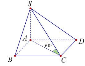 Cho hình chóp SABCD, ABCD là hình vuông cạnh  2a, SA vuông góc với mặt phẳng đáy. Góc giữa SC và (ABCD) là 60 độ (ảnh 1)