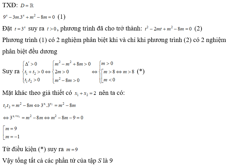 Gọi S là tập hợp các giá trị của tham số m để phương trình 9^x -2m. 3^x +m^2 -8m =0  có 2 nghiệm phân biệt x1,x2  thỏa mãn (ảnh 1)